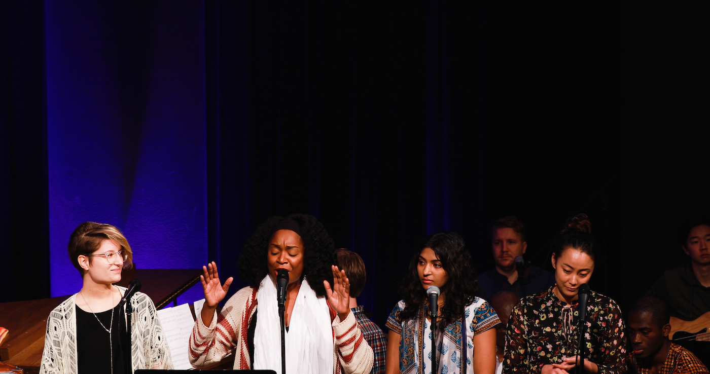 (Culture Care Summit 2017 | Beauty in Exile) Pictured above: members of the All-Seminary Chapel team lead attendees in worship (left to right: students Megan Moody, September Penn, Melba Mathew, and Director of Chapel Julie Tai).